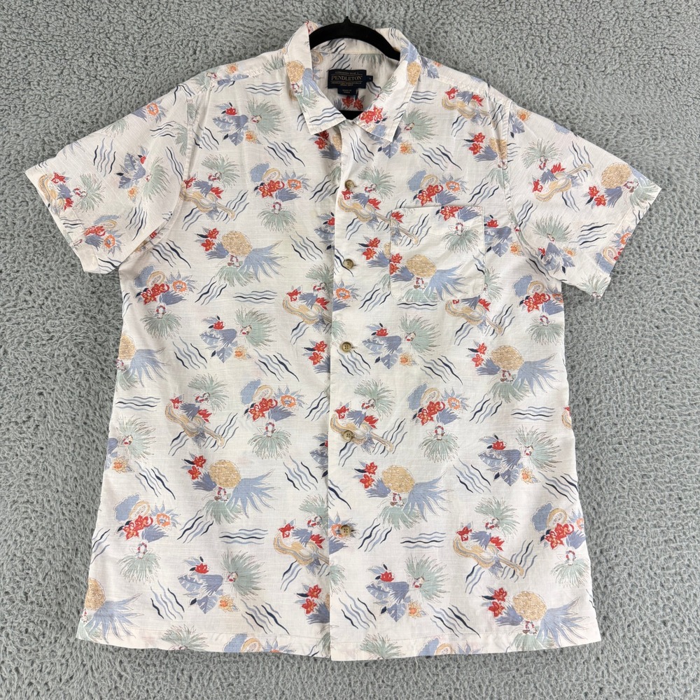 Pendleton Button Down Shirt Mens Large White Hawaiian Hula Dancer Cotton RA557